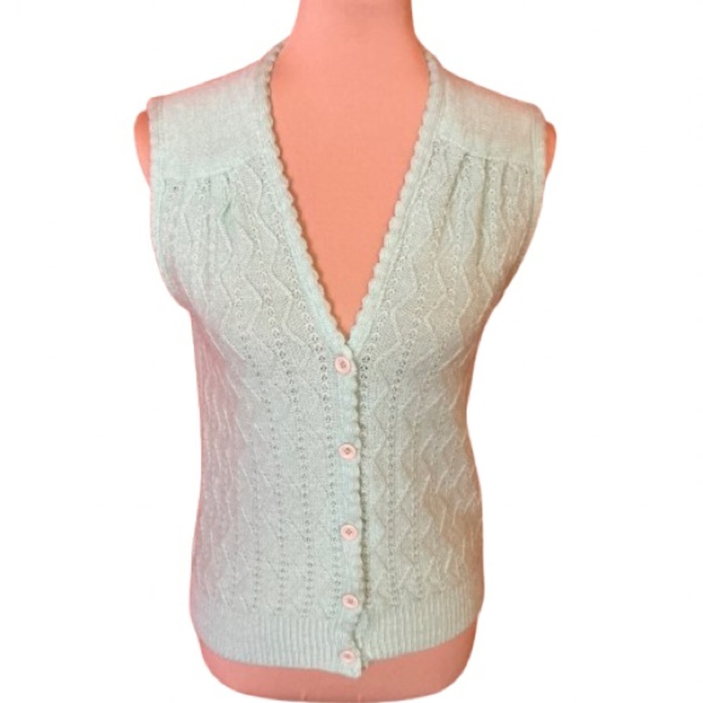 Vtg 70s mint green cardigan vest